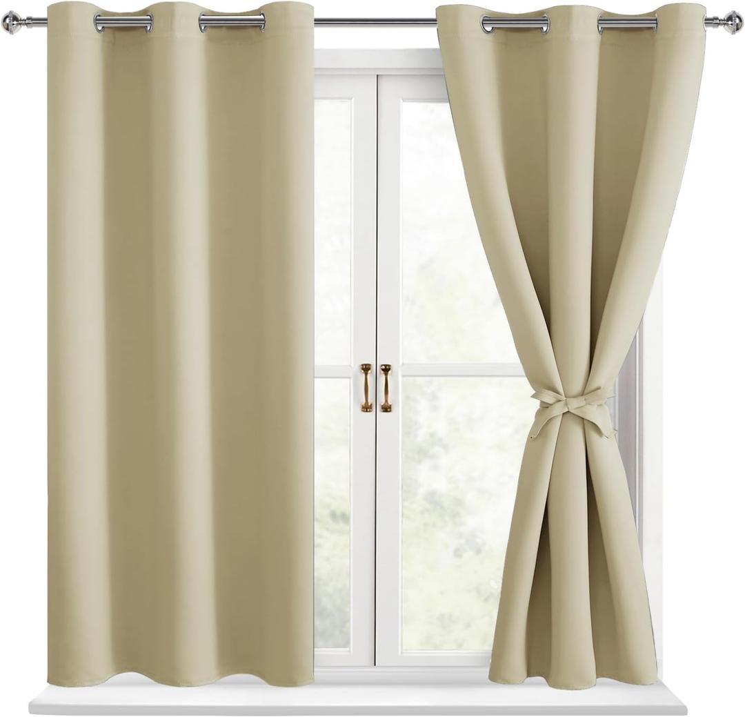 Hiasan Short Blackout Curtains for Bedroom - Thermal Insulated & Light Blocking Window Curtains for Living Room, 2 Drape Panels Sewn with Tiebacks, Light Beige, 38 x 45 Inch