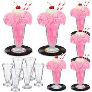 Dingion 50's Soda Shop Party Decor Pink 50s Theme Party Decorations Includes Soda Milkshake Glass Straws Artificial Carnation Flowers Cherries Records Crepe Paper(6 Sets)