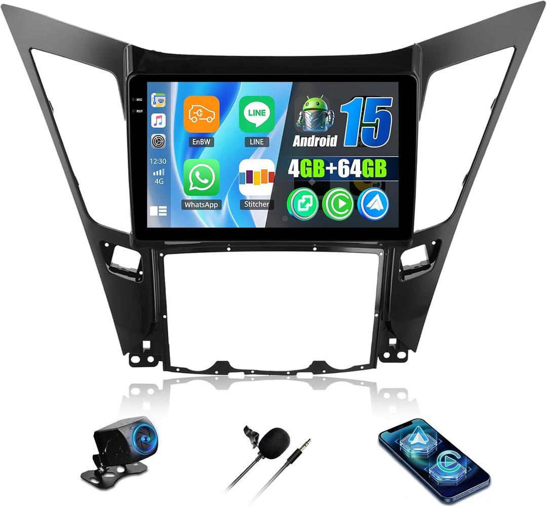 [4G+64G] Car Radio for Hyundai Sonata 2010-2015 with Wireless CarPlay Android Auto,9 inch Touchscreen Android 15 Car Stereo with WiFi,GPS Navigation,Bluetooth,FM/RDS SWC EQ+Backup Camera