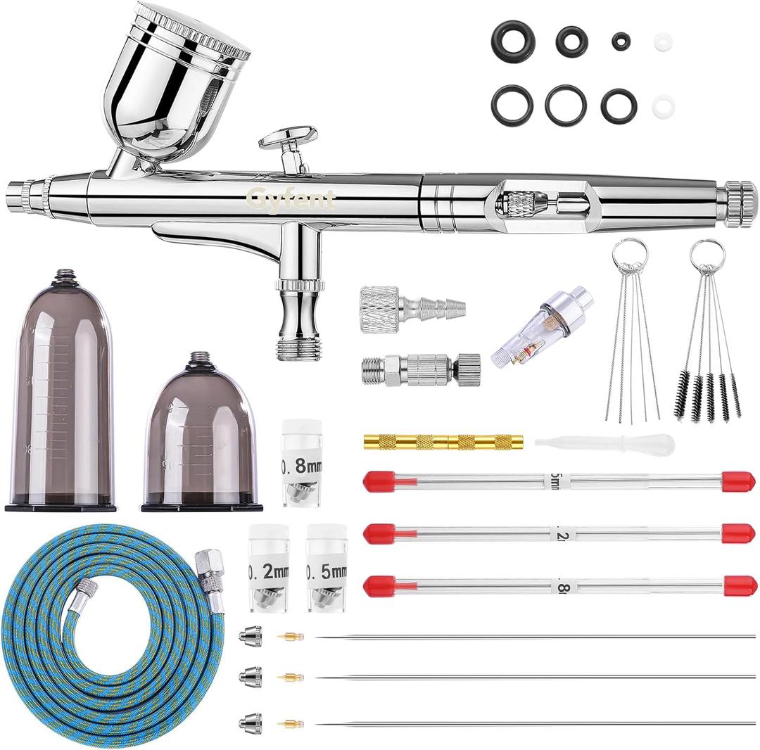 Gyfent Airbrush Kit, Airbrush Gun with 4 Quick-Release Nozzle Sets(0.2/0.3/0.5/0.8mm) Dual-Action Gravity Feed Air Brush with 1/4oz Fluid Cup & 20/40ml Resin Cup for Nail Art Painting Makeup Cake