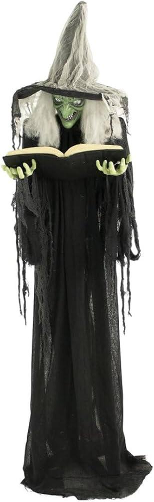 Haunted Hill Farm Life-Size Talking Witch Holding Spell Book, Halloween Animatronic with Touch Activated Lights and Sound, Poseable, Battery Operated Indoor or Covered Outdoor Halloween Decorations