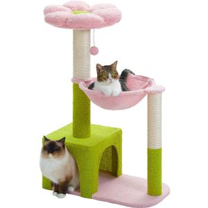 Flower Cat Tree with Large Metal Frame Hammock, 35" Cute Cat Tower with Sisal Scratching Posts for Small Indoor Cats, Cat Condo with Pink Top Perch for Kittens, Pink