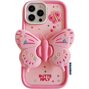Silicone iPhone 13 Pro Max/12 Pro Max Case with Stand Cute Pink Butterfly Heavy Duty Protective Case Cover for iPhone 12 Pro Max/13 Pro Max Women Girls Girly Cool Funny Kawaii 3D Phone Cases