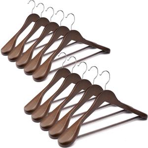 Wooden Coat Hangers - Wide Shoulder Hangers with Non Slip Pants Holder, Heavy Duty, for Men, Women, Suit, Coat, Jacket, Pants (Walnut, 10 Pack)