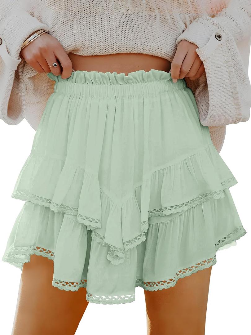 Caracilia Mini Skirts for Women Summer Casual Boho Crochet Ruffle Flowy Skirt Built in Shorts 2025 Fashion Trendy Skorts (Small, Light Green)
