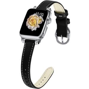 JOYOZY Slim Leather Band for Women Compatible with Apple Watch 49MM 45MM 44MM 42MM 41MM 40MM 38MM, Cute Fancy Top Genuine Leather Strap for iWatch Ultra, Series SE/9/8/7/6/5/4/3/2/1 (Black/Silver)