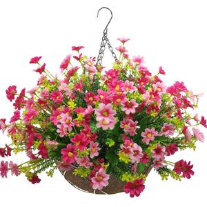 Artificial Faux Hanging Plants Flowers Basket for Spring, Red Daisy Flowers Eucalyptus UV Resistant Look Real for Outdoor Outside Porch Decoration