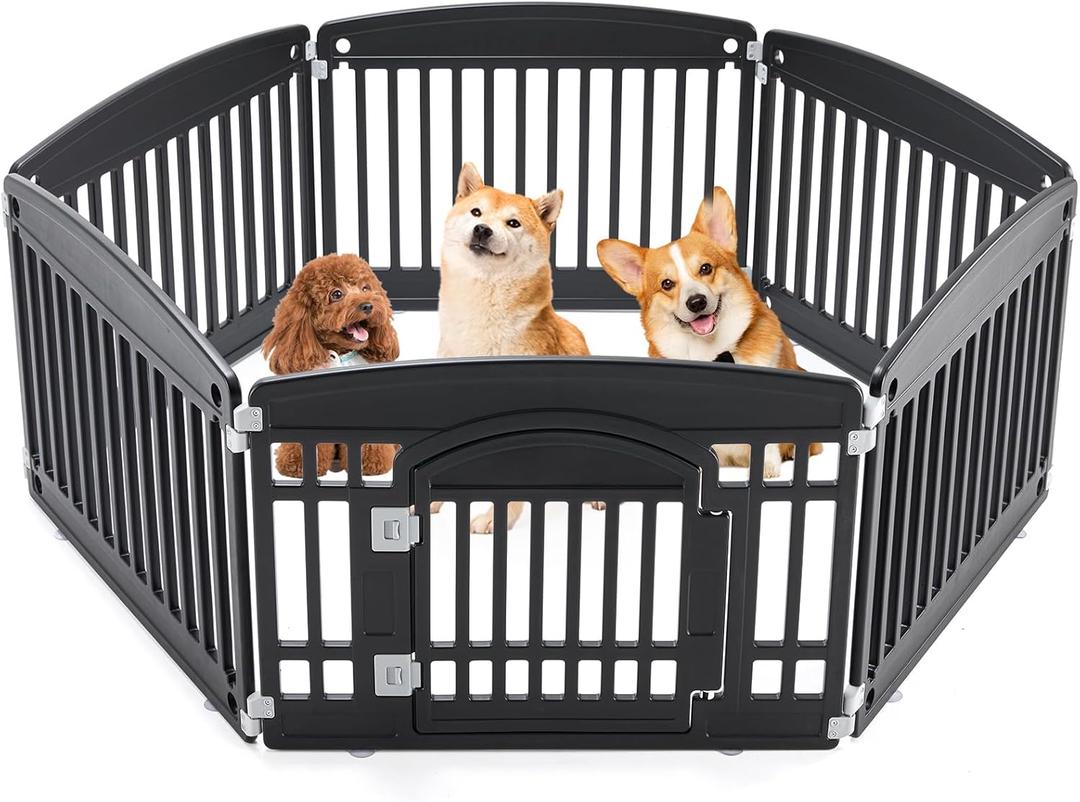 Sweetcrispy Plastic Dog Playpen - 6-Panel 24" Expandable & Durable Pet Fence for Medium Dogs - Indoor & Outdoor Portable Puppy Playpen with Secure Locking Door, Black
