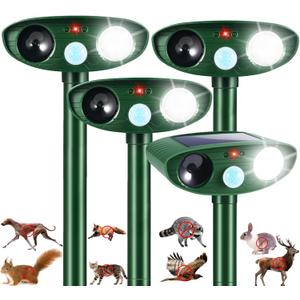 4 Pack Solar Ultrasonic Animal Repellent Raccoon Fortress Pro Outdoor, Deer Repellent with Motion Sensor & Strobe Light,Waterproof Cat Dog Squirrel Rabbit Deterrent for Garden Yard
