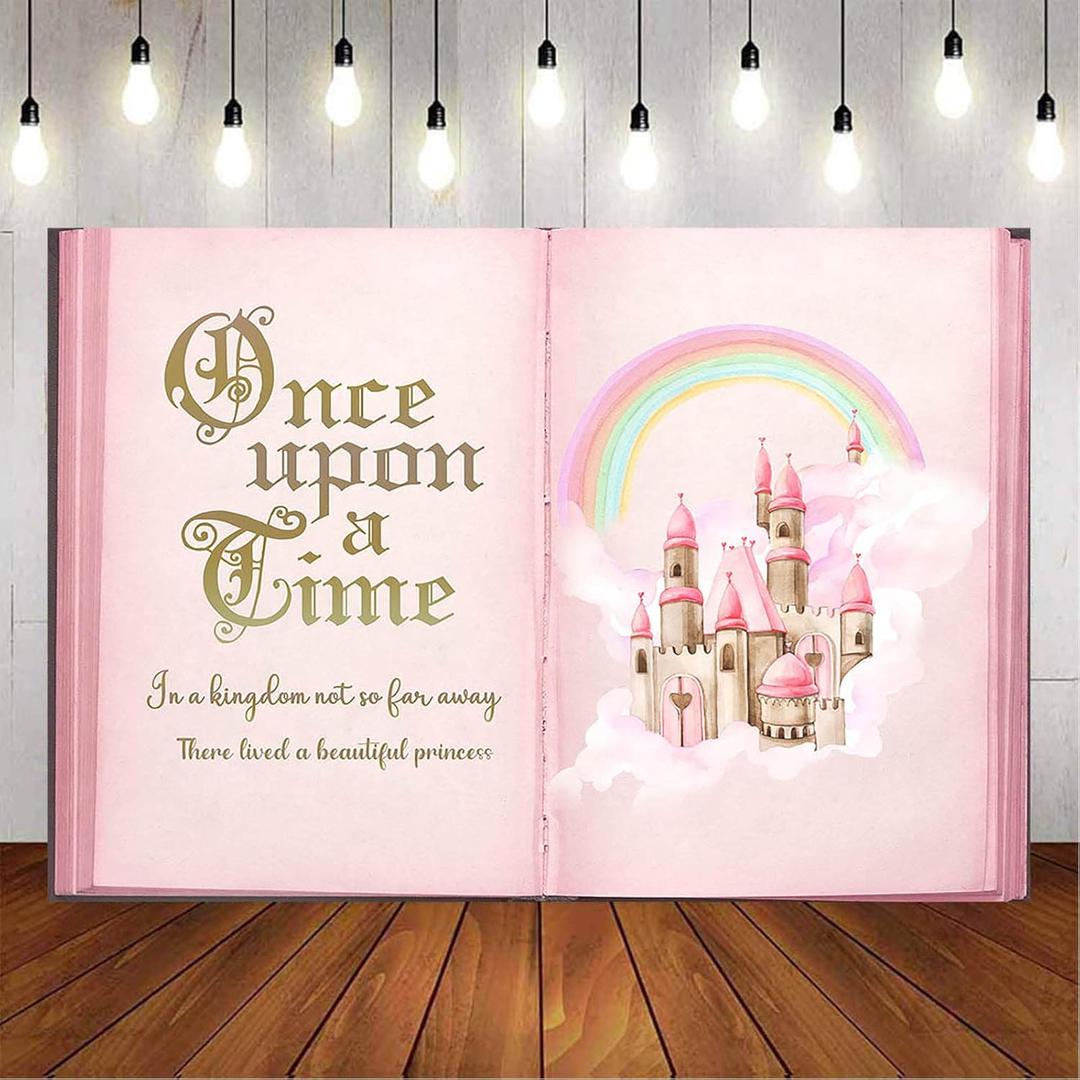 Once Upon a Time Backdrop Pink Fairytale Castle Giant Book Rainbow Photography Background Girls Princess Birthday Party Photobooth Backdrops Supplies Cake Table Decorations (8x6ft)