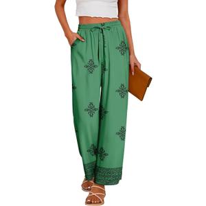 CRAZY GRID Women's Boho Wide Leg Pants Summer, Carving Green, L | Side Pocket Trousers,Stretchy Waistband,Soft Lounge Wear,Cool Breezy Material,Loose Fit,Palazzo Style,Spring Casual (L)