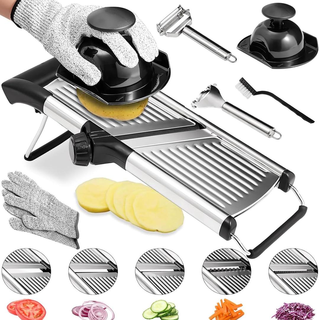 Adjustable Mandoline Slicer for Kitchen, stainless Mandolin Food SlicerPotato/Tomato/Carrot/Vegetable/Fruit/Onion Cutterwith Vegetable Peeler, Corn Peeler, Cut Resistant Gloves, Cleaning Brush.