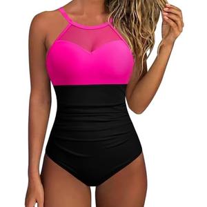 SUUKSESS Women Tummy Control One Piece Swimsuit Sexy Mesh High Neck Bathing Suit Large