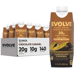 Evolve Plant Based Protein Shake, Chocolate Caramel, 20g Vegan Protein, Dairy Free, No Artificial Sweeteners, Non-GMO, 10g Fiber, 11oz, (12 Pack) (EXP 07/20/26)