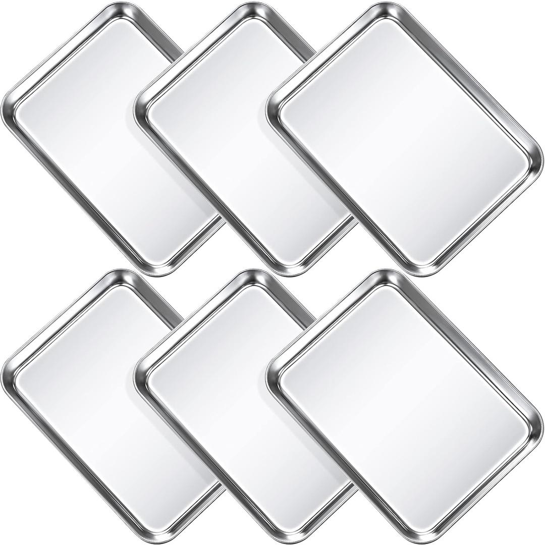 Potchen 6 Pcs Baking Sheet Pan Set Stainless Steel Cookie Sheet Small Toaster Oven Pans Tray Barbecue Grill Pan Rectangle Trays Oven Freezer Bakery, Non-stick, Easy Clean, 9 x 6.7 x 1 Inches