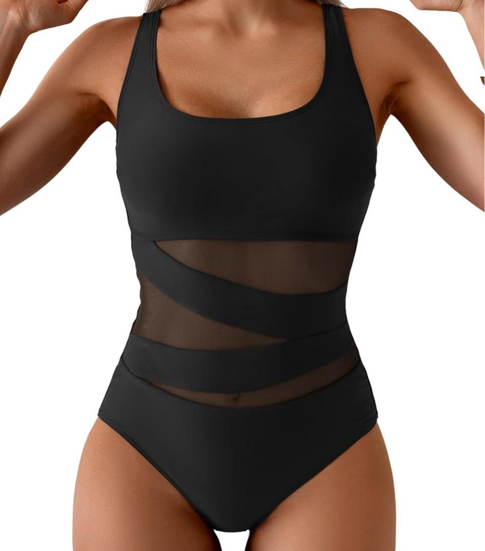 B2prity Women's Mesh One Piece Swimsuit Tummy Control Sexy Bathing Suit Push Up Swim Suit Slimming Swimwear,M