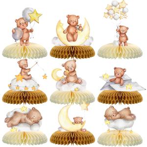 9 Pcs Bear Baby Shower Honeycomb Centerpieces Little Bear Teddy Paper Fan Table Topper Honeycomb 3D Table Decoration for Kids Party Baby Shower Wedding Party Supplies (Brown)