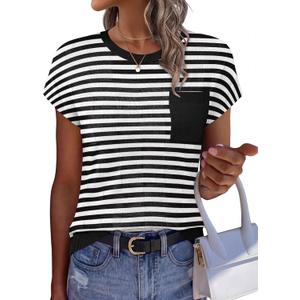 WIHOLL Short Sleeve Sweater for Women Crew Neck Trendy Summer Tops 2026 Travel Business Casual Spring Outfits with Pocket (Small, Striped Black White)
