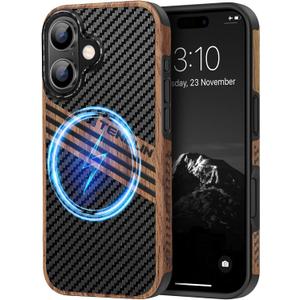 TENDLIN Magnetic Case Compatible with iPhone 16 Phone Case Wood Grain with Carbon Fiber Texture Design Leather Hybrid Slim Cover (Compatible with MagSafe) Three Stripe