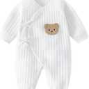 Newborn Baby Cotton Onesie, Cute Bear Patched Casual Long Sleeve Bodysuit, Toddler & Infant Boy's Girl's Comfortable Clothing (0-1 Months, White)