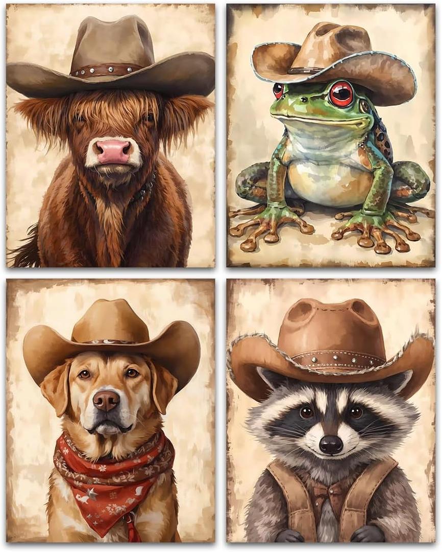 Western Cowboy Nursery Wall Art Prints,Funny Animals Cowboy Wall Art Prints,Vintage Western Farmhouse Wearing Cowboy Hat Wall Decor for Nursery Kid Room Set of 4(8"x10"Unframed)