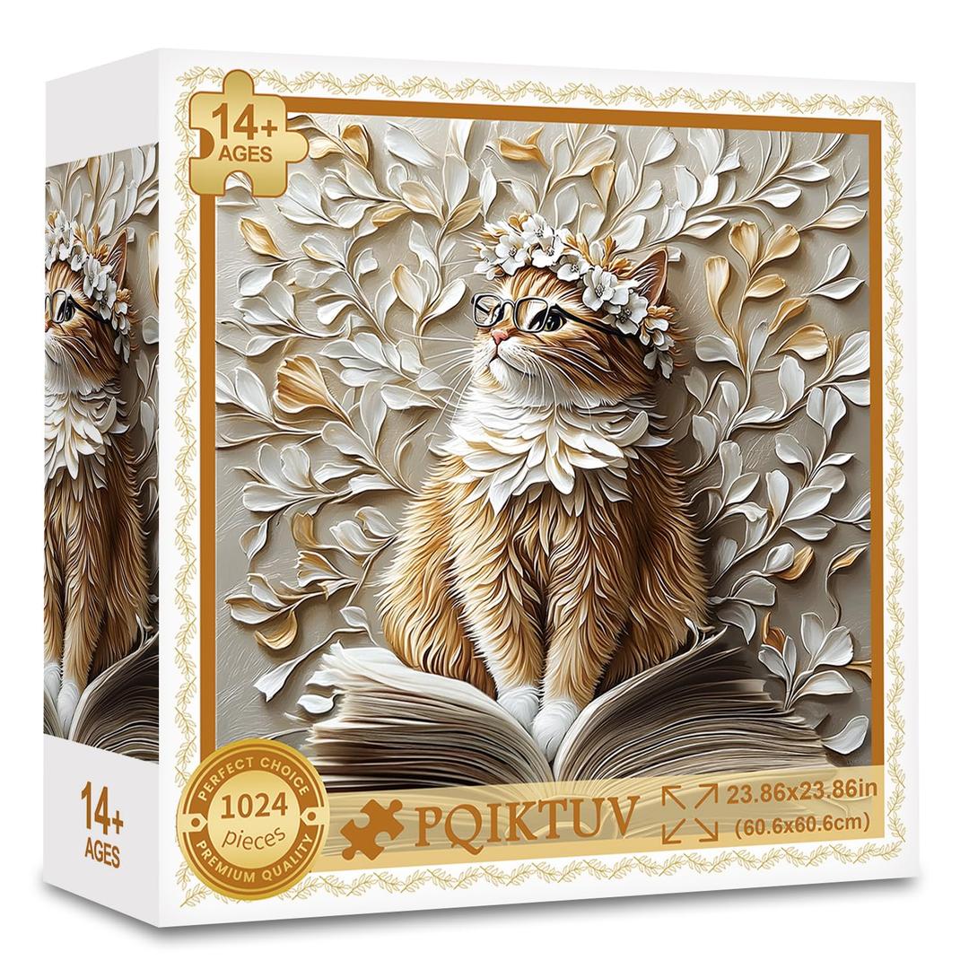 PQIKTUV 1024 Piece Puzzle for Adults Whimsical Cat with Glasses,