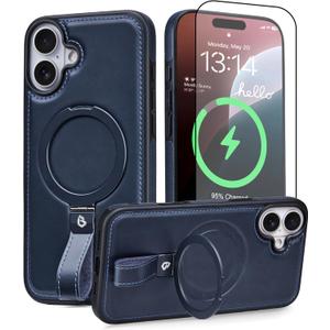 iPhone 17 Case Leather | iPhone 17 Leather Case with Stand | Compatible with MagSafe with Magnetic Ring Grip Holder (Blue, IP17-6.3inch)