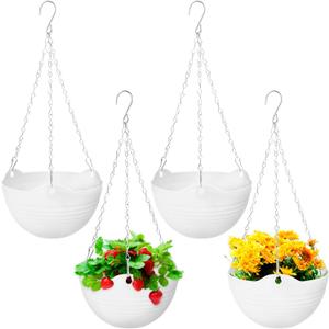 Bvrbaory 4 Pack 8 inch White Hanging Planters,Self-Watering Indoor Outdoor Plant Pots,Round Hanging Basket with Water Tray Metal Chain for Garden,Porch,Wall Decoration