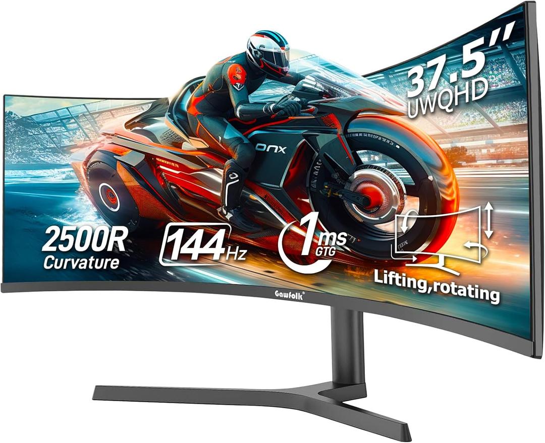 Gawfolk 37.5 Inch Gaming Monitor 3840 * 1600p 144Hz PC Monitor with AMD FreeSync, Flicker-Free, 2X HDMI 2.0, DP 1.4, Ultra-Thin Frameless Screen (Black)