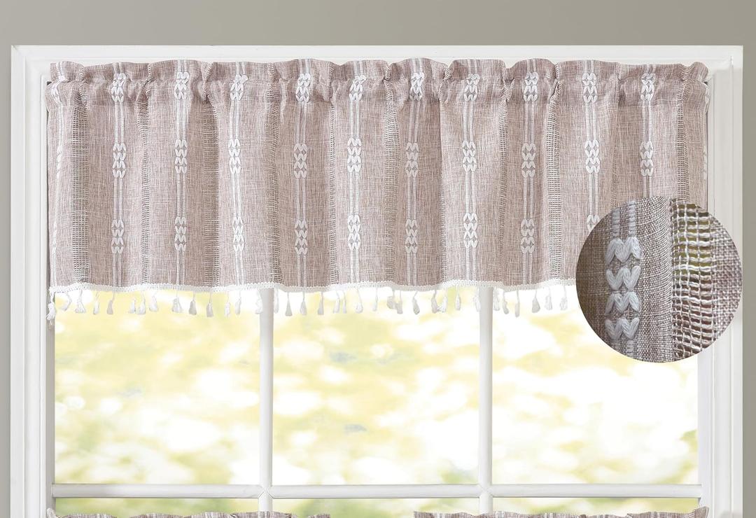 GOHD Country Road Boho Straight Valanc Farmhouse Linen Kitchen Curtain Valance Vintage Chic Textured Tassel Valances (Straight Valance,Taupe) (54"W x 15"L (Pack of 1))