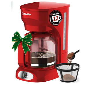 MUELLER HOME 12-Cup Red Coffee Maker - Perfect for Home or Office, Borosilicate Carafe, Auto-Off, Reusable Filter, Anti-Drip, Keep-Warm Function, Clear Water Level Window, Red Kitchen Accessories