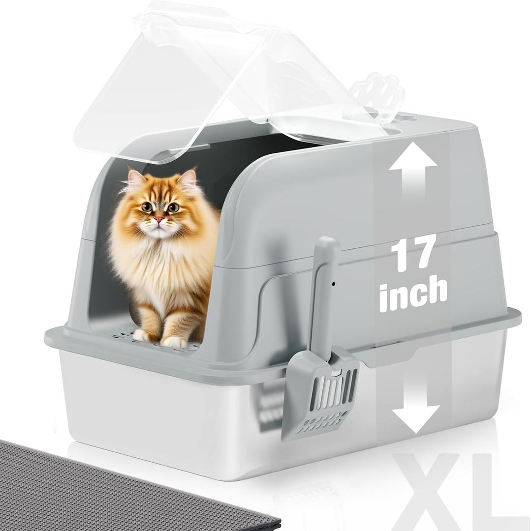 Stainless Steel Cat Litter Box Fully Enclosed, Extra Large Metal High Sided Cat Box with 120 Fully Transparent See-Through Flip Lid, Scoop & Mat - Grey - XL
