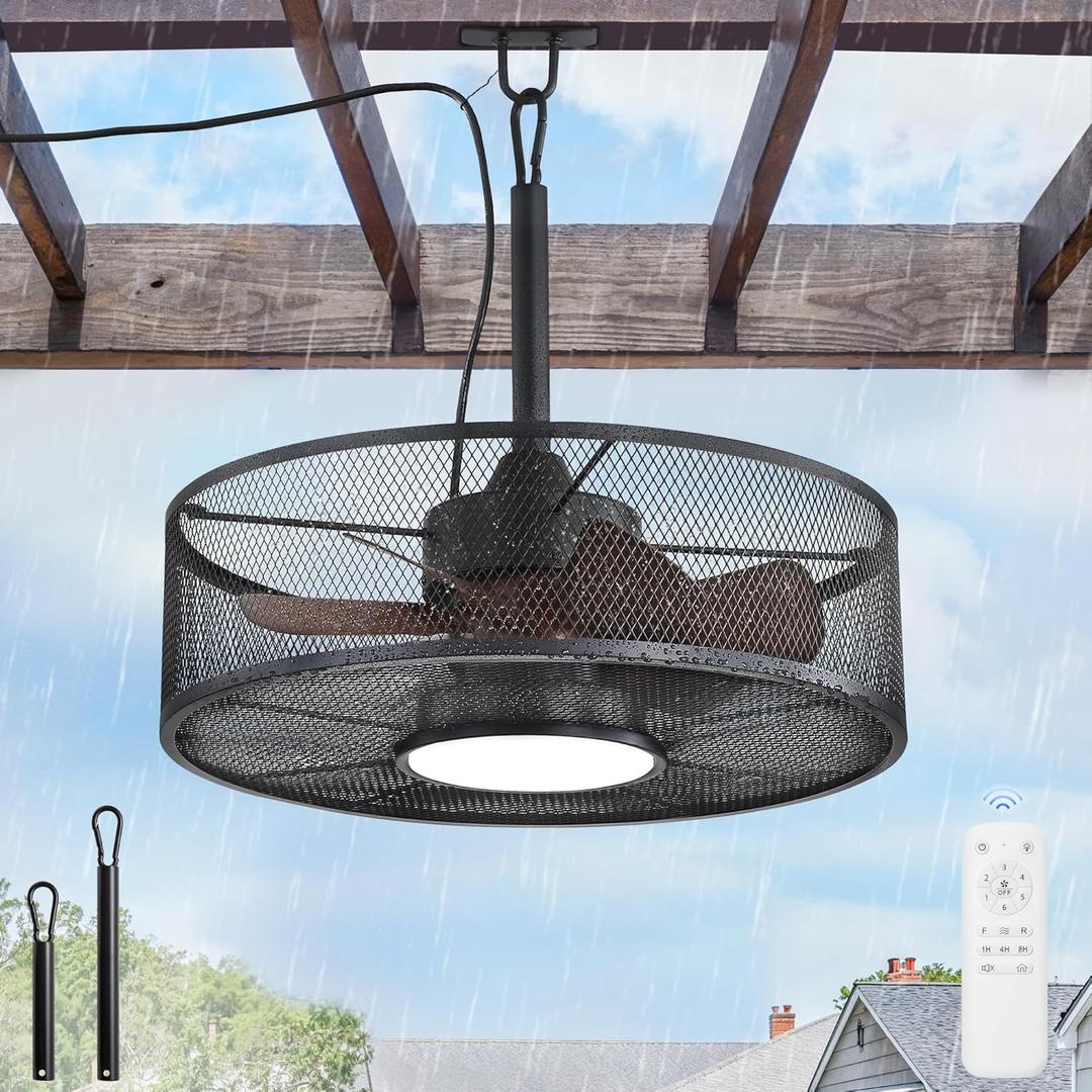 LEDIARY Gazebo Fan,Outdoor Ceiling Fan with Light for Patios and Remote, IP65 Waterproof Plug in Ceiling Fans with Hanging Hook,6 Speeds, 3CCT, Black Ceiling Fan for Porch, Pergola, Canopy