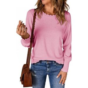 Cicy Bell Womens Crew Neck Long Sleeve Sweater Trendy Casual Scallop Trim Fall Knit Lightweight Pullover Tops XL