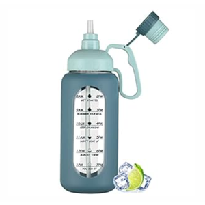 MUKOKO 64oz Glass Water Bottles with Straw, Half Gallon Water Jug with Time Marker, Sports Large Motivational Bottle with Silicone Sleeve, Blue
