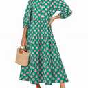 Wenrine Womens Casual Shirt Dress Floral 3/4 Sleeve Button Down V Neck Collared Loose Boho Beach Maxi Dresses A-Dark Green, L