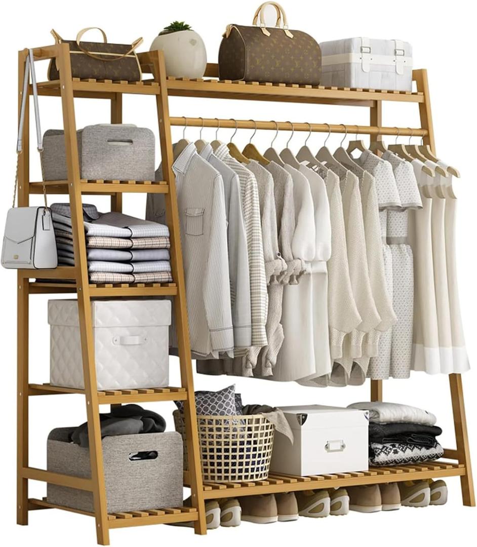 Bamboo Clothing Garment Rack 7 Tier Storage Shelf Coat Clothes Hanging Rack, Portable Wardrobe Closet Organizer With Top Shelf, Shoe Storage Shelves for Bedroom (Natural - 51.18 in) Bamboo Clothing Garment Rack 7 Tier Storage Shelf Coat Clothes Hanging Rack, Portable Wardrobe Closet Organizer With Top Shelf, Shoe Storage Shelves for Bedroom (Natural - 51.18 in)
