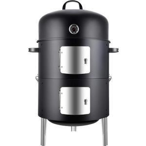 Realcook Vertical 17 Inch Steel Charcoal Smoker, Heavy Duty Round BBQ Grill for Outdoor Cooking, Black