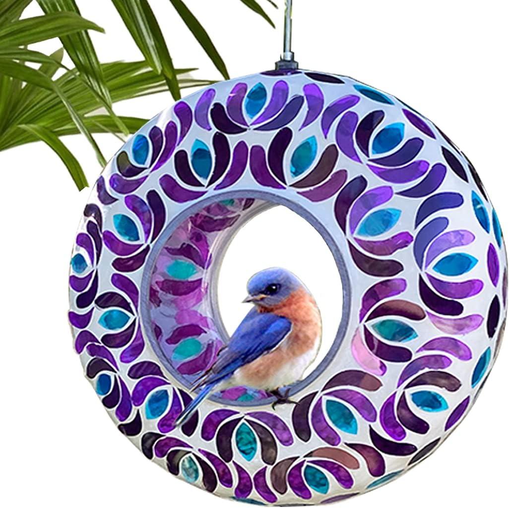 Lily's Home 8 Inches Glass Mosaic Hanging Bird Feeder for Outdoors Fly-Through Large Bird Feeder for Outdoor Garden Decor Backyard, Animals Lovers Gift, Purple and Blue