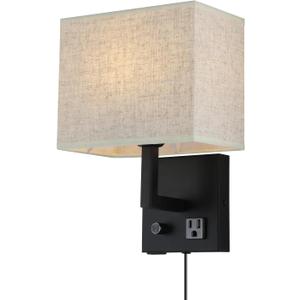 Bedside Wall Mount Light with Outlet and Dimmable Switch, Black Fabric Shade Wall Sconce Light with USB Port and Plug in Cord, Perfect for Bedroom, Living Room and Hotel