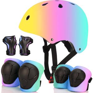 Color Gradient Adjustable Bike Helmet with Knee and Elbow Pads - Kids Toddler Boys and Girls Skateboard Helmet for Ages 3-14 | Ideal for Riding, Scooters, Inline Skating, Longboarding, Roller Skating (Yellow pink blue)