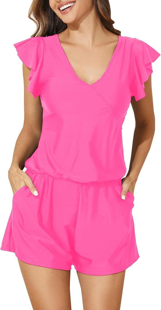 Smismivo Swim Romper with Built in Bra and Pockets Swim Dress Modest One Piece Swimsuit Full Coverage Bathing Suit (Large, Bright pink)