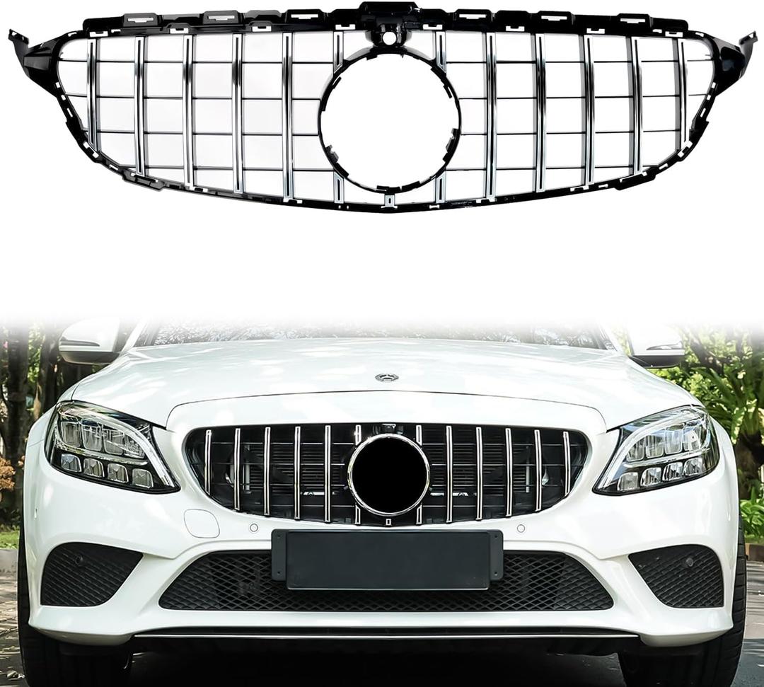 C Class Grill Front Grille for Mercedes Benz C300 C200 C250 2015 2016 2017 2018 with Camera Model, NOT Fit for C63 AMG S Style Silver