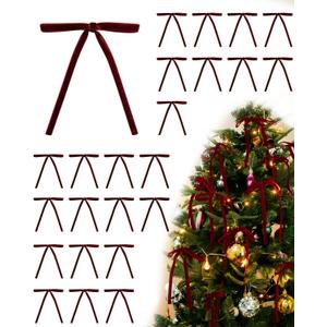 Velvet Christmas Tree Bows  24 Pcs Holiday Bows (3/8" Wide, 5x7) with Star Clips  Easy Hanging for Tree, Wreath, Gifts & Dcor (Burgundy)