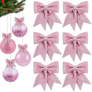 TONIFUL 4pcs Shiny Bow Pink Christmas Glitter Twist Tie Bows for Decoration Gift Box Wrapping, Christams Baskets Decor, Wedding Birthday Festival Party Decoration(5x5Inch/pcs)