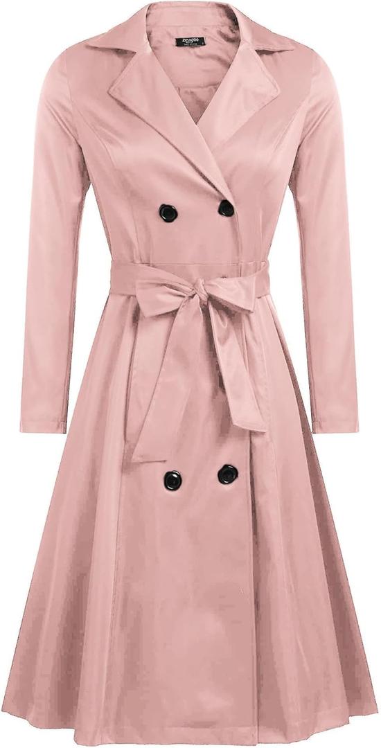 Zeagoo Women's Trench Coats Double-Breasted Long Coat with Belt (Large, Light Pink)