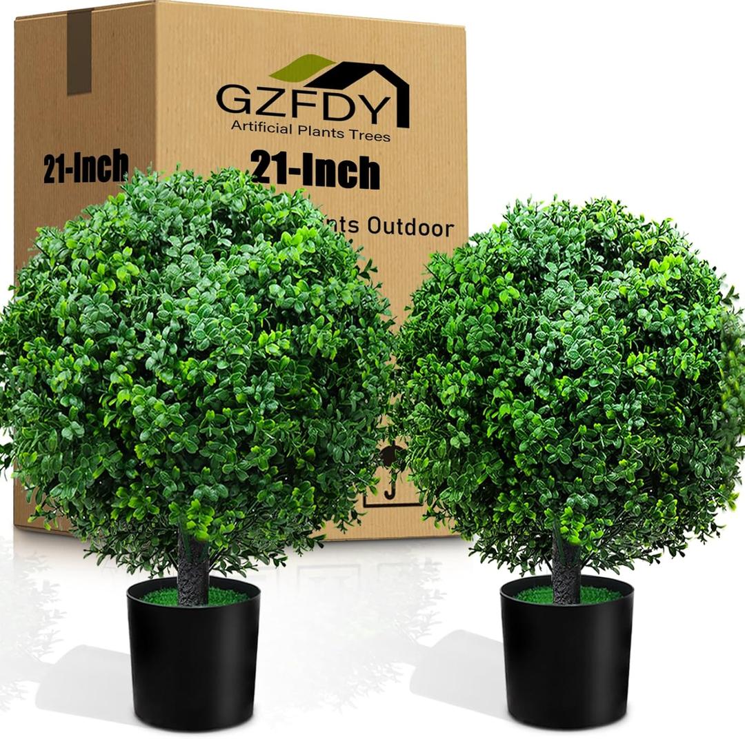 21-Inch Artificial Topiary Boxwood Ball Trees (Set of Two)  Lifelike, UV-Resistant Decor for Indoor & Outdoor Use  Enhance Your Space with Vibrant Greenery