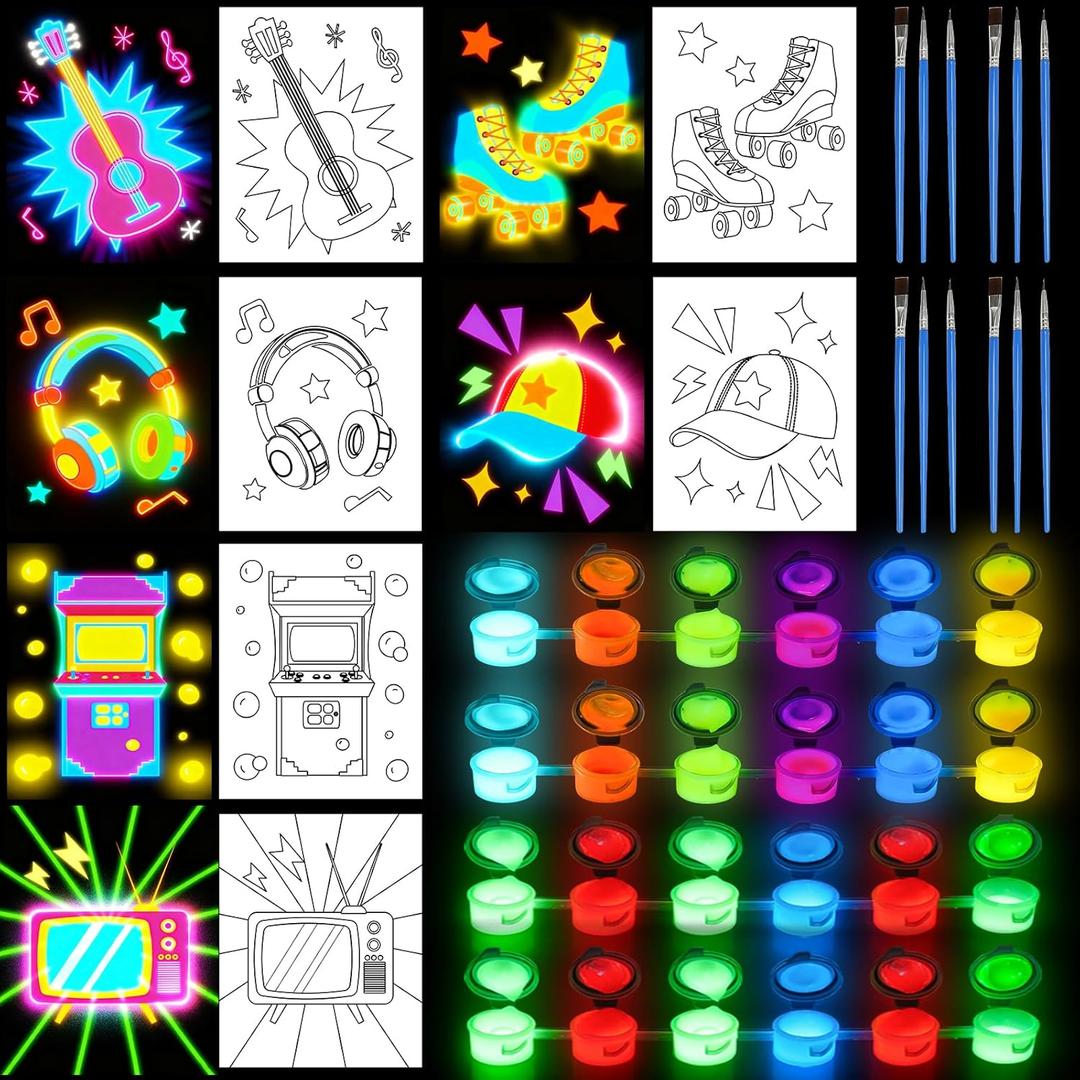 Maitys 22PCS 6 Sets Pre Drawn Canvas Painting Kit with Glow in The Dark Paint 8 x 10 Inches Pre Drawn Canvas Favor for Adults for Valentine Gifts DIY Adult's Date Party(Retro)