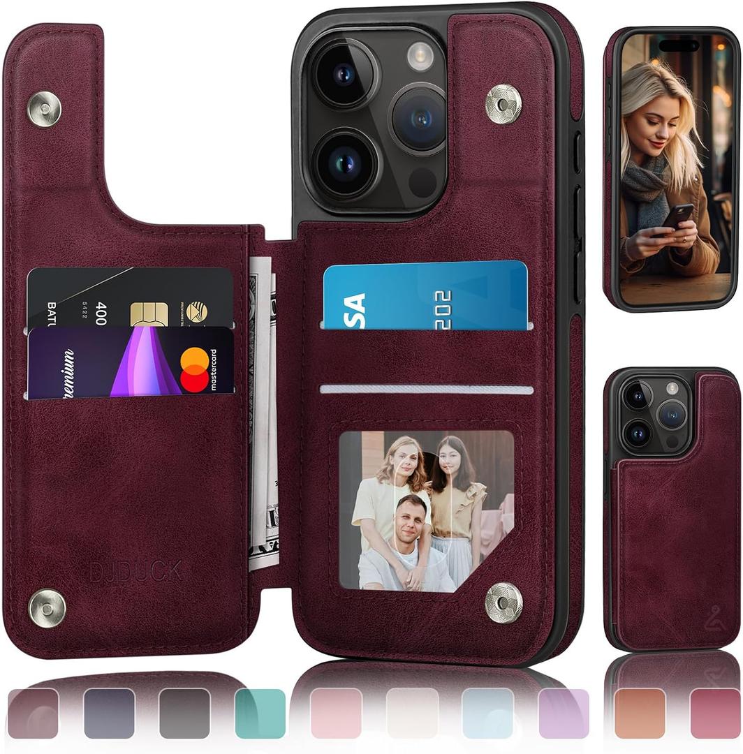DJDUCK Designed for iPhone 15 Pro Case Wallet with Card Holder, [RFID Blocking Leather Protection] [Magnetic Clasp Cover] Shockproof Men Women Cases 6.1 Inch for Apple 15 Pro Wine Red