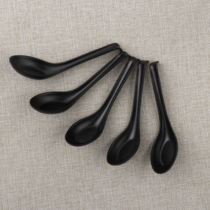 Soup Spoons Set of 6, Asian Ceramic Soup Spoons 5.3" Ramen Spoons Proper for Corelle Pho Miso Wonton Ramen Dumpling Macaron Dishwasher & Oven Safe, Black